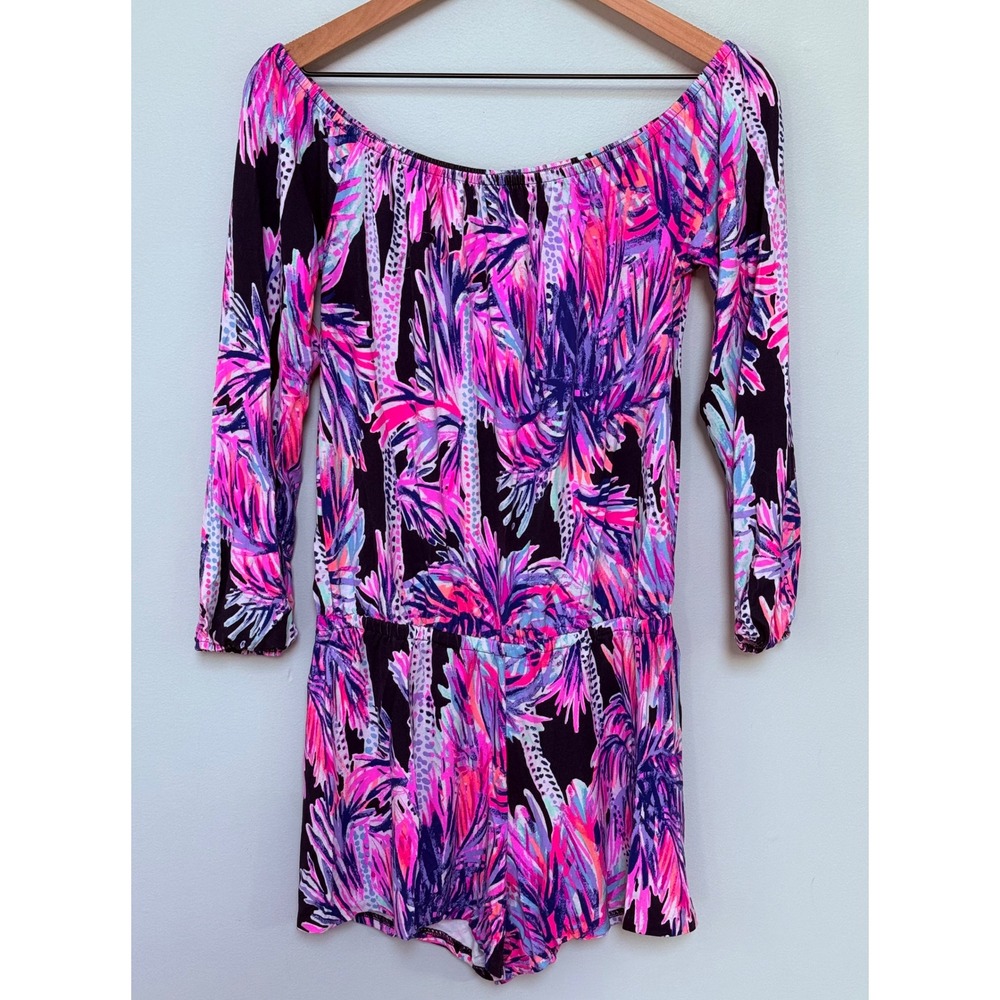 Lilly Pulitzer Lana Off The Shoulder Romper In‎ Bright Navy Palms Up Size S